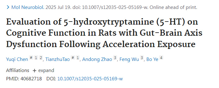 加速度暴露致肠脑轴功能障碍大鼠中5-羟色胺(5-HT)对认知功能的评估 加速度暴露致肠脑轴功能障碍大鼠中5-羟色胺(5-HT)对认知功能的评估