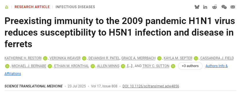 针对2009年甲型H1N1流感病毒的预存免疫力可减弱雪貂对H5N1感染的易感性及发病风险 针对2009年甲型H1N1流感病毒的预存免疫力可减弱雪貂对H5N1感染的易感性及发病风险