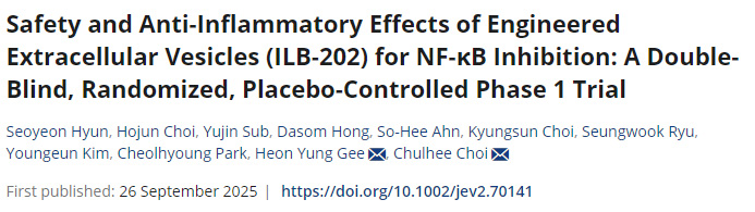 一种用于抑制NF-κB的工程化细胞外囊泡ILB-202的安全性与抗炎效果：双盲、随机、安慰剂对照的I期临床试验