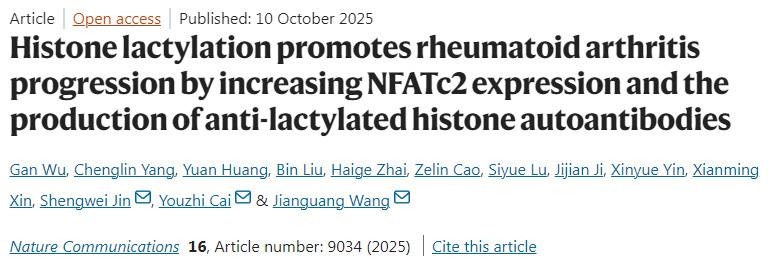 组蛋白乳酸化通过增加NFATc2表达及抗乳酸化组蛋白自身抗体产生促进类风湿关节炎进展 组蛋白乳酸化通过增加NFATc2表达及抗乳酸化组蛋白自身抗体产生促进类风湿关节炎进展