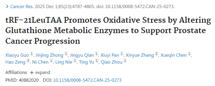 tRF-21LeuTAA通过调控谷胱甘肽代谢酶促进氧化应激从而支持前列腺癌进展