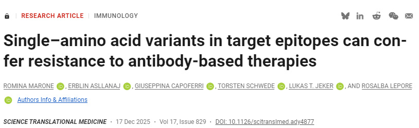 靶向表位中的单个氨基酸变异可导致抗体疗法产生耐药性