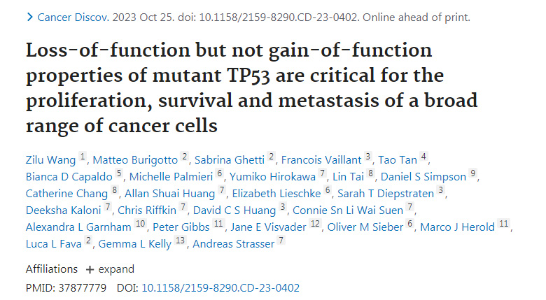 突变蛋白TP53的功能缺失而非功能获得特性对于一系列癌症细胞的增殖、存活和转移至关重要