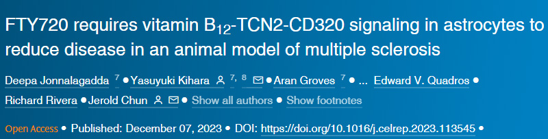 导FTY720需要星形胶质细胞中的维生素B12-TCN2-CD320信号来减少多发性硬化动物模型中的疾病