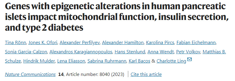 人类胰岛表观遗传学改变的基因影响线粒体功能、胰岛素分泌和2型糖尿病
