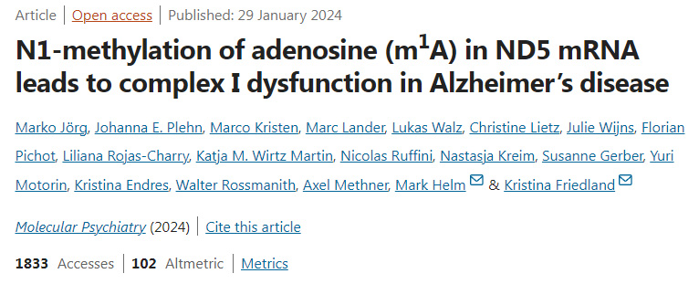 ND5 mRNA中腺苷（m1A）的N1甲基化导致阿尔茨海默病的复合物I功能障碍